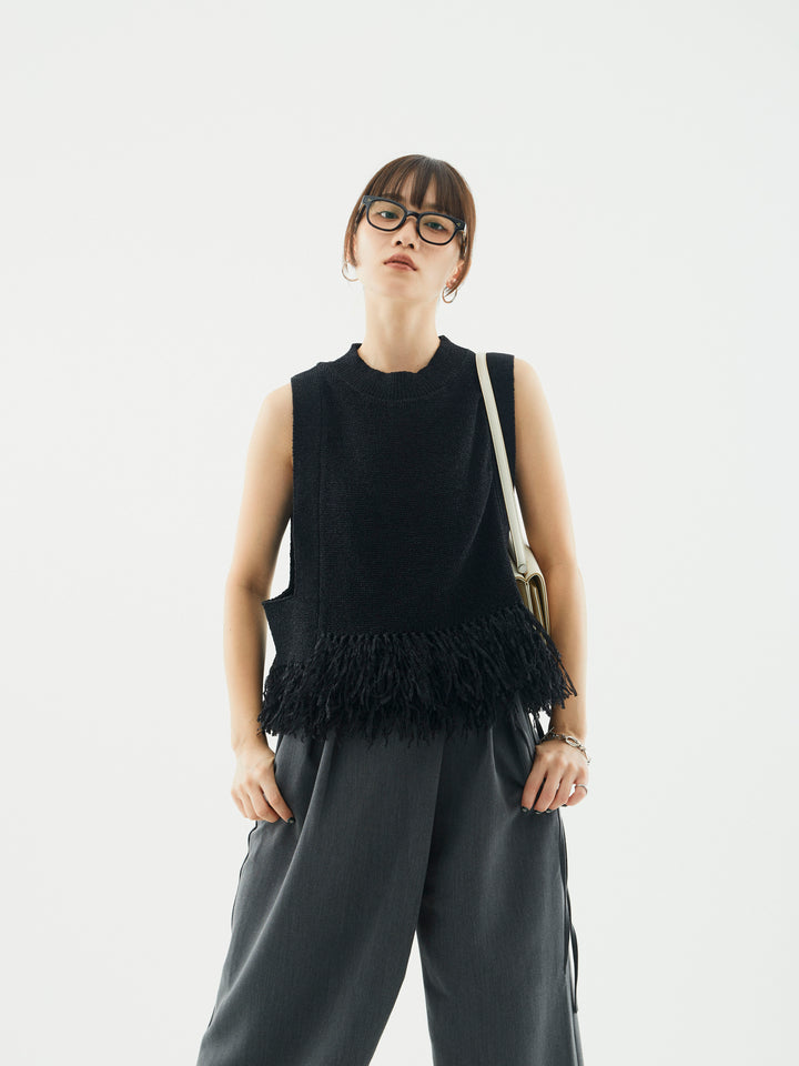 【Allure】[SET]フェザーヤーンニットベスト+ラップデザインタックワイドパンツ(2set)