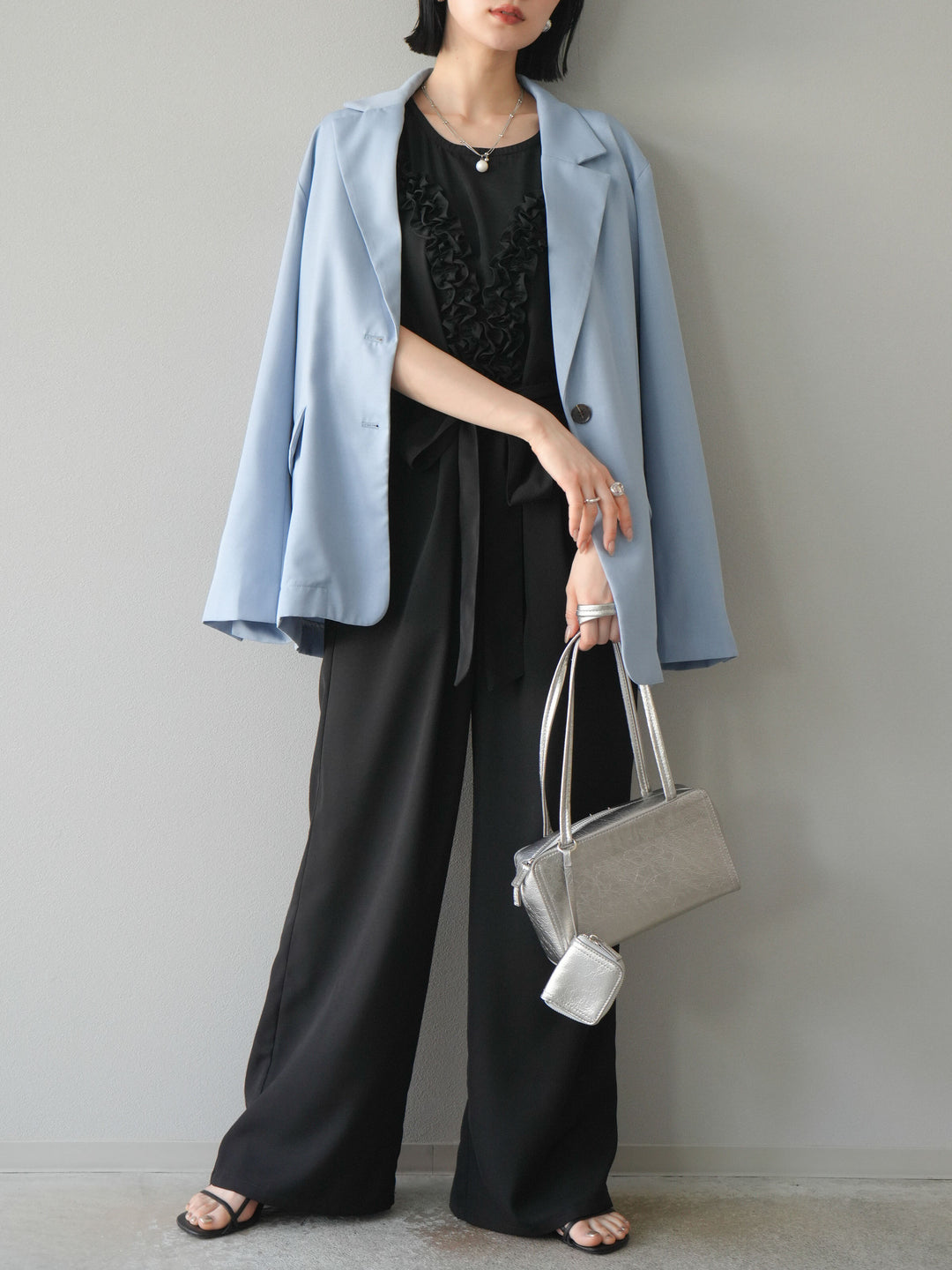 [予約]リネンタッチテーラードジャケット/ライトブルー