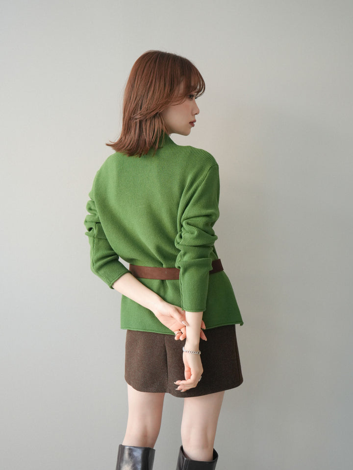 [予約]ボトルネック裾カールリブニットトップス/green