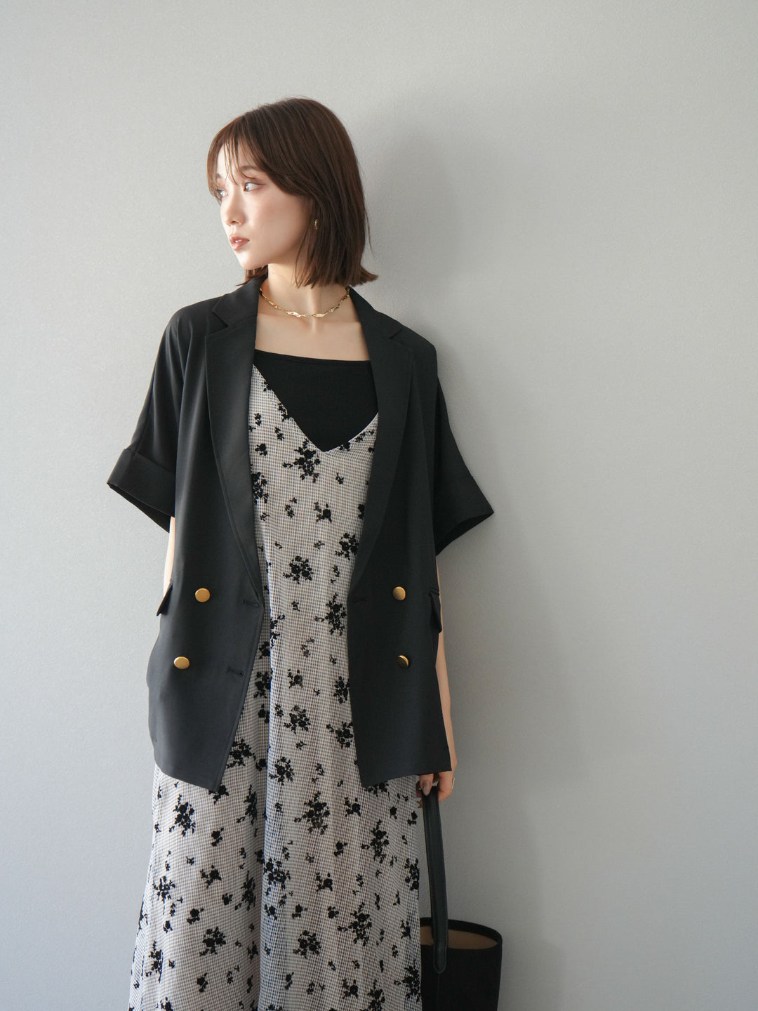 [套裝] 植絨薄紗層疊天鵝絨吊帶連身裙 + 金色紐帶半夾克 (2 套)