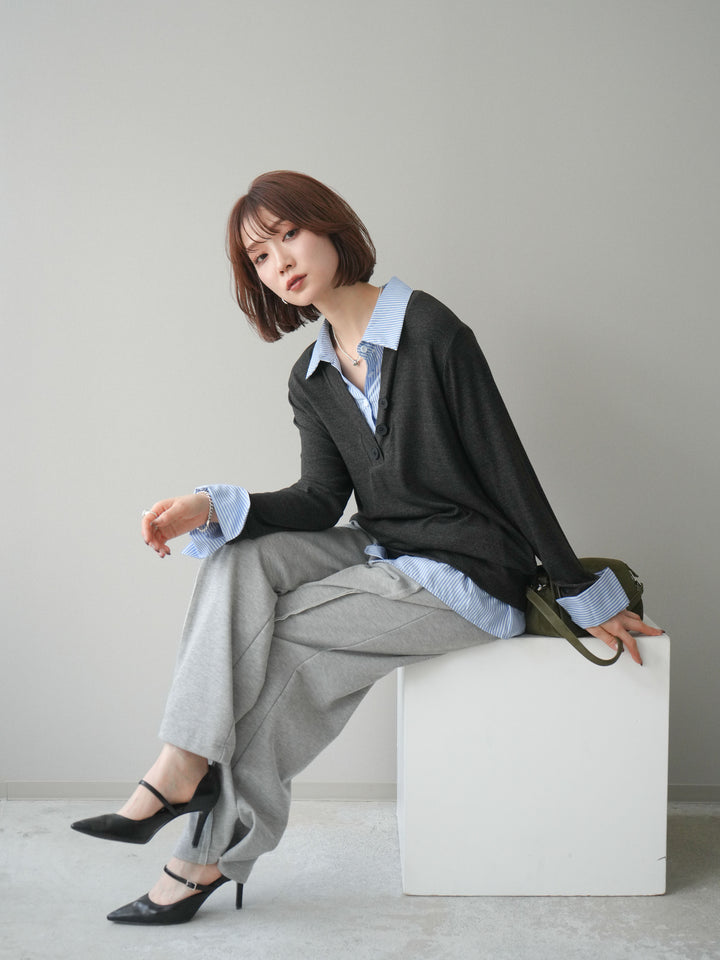 [予約]シャツレイヤードデザインカットプルオーバー/charcoal