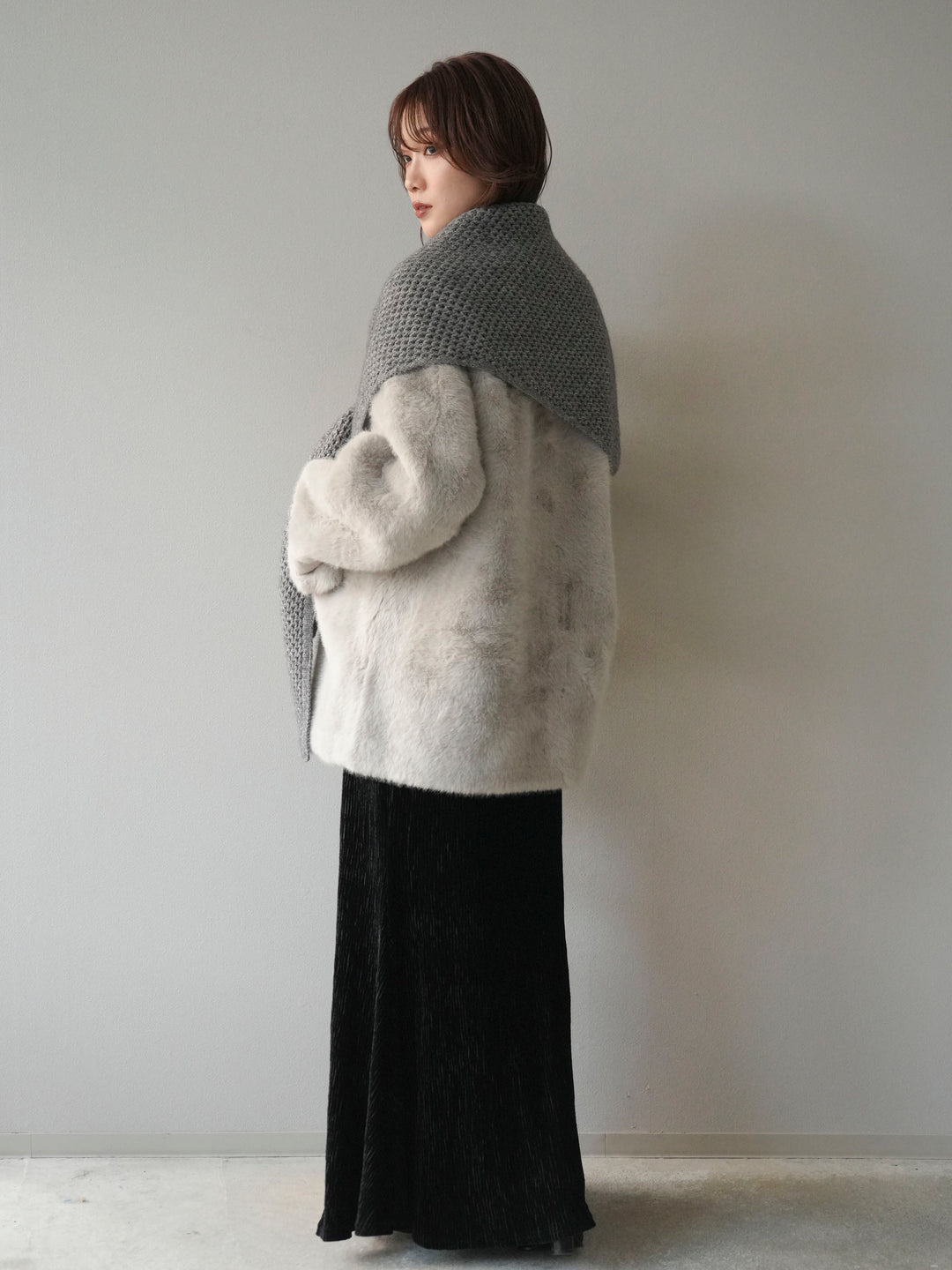 [予約]バッグ付エコファーノーカラーコート/gray