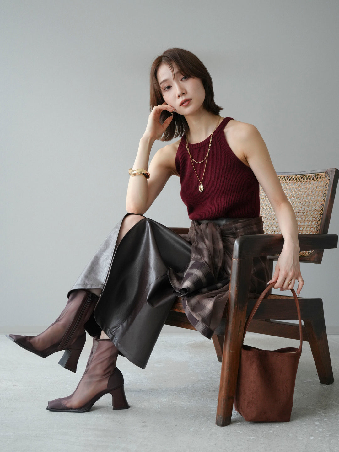 [予約]リブニットアメスリタンクトップ/ボルドー