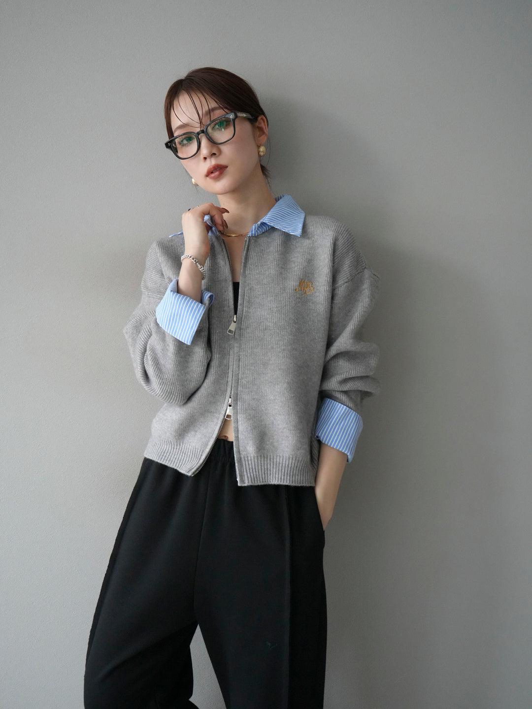 【預購】條紋襯衫疊層拉鍊針織開襟衫/灰色