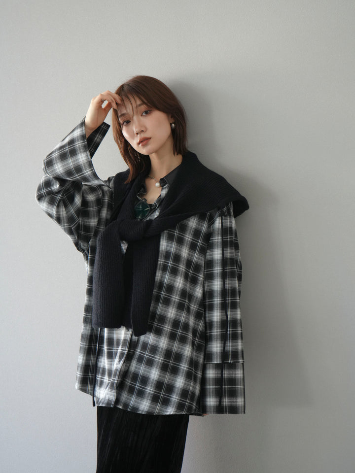 [予約]レザー襟オンブレチェックオーバーシャツ /ブラック