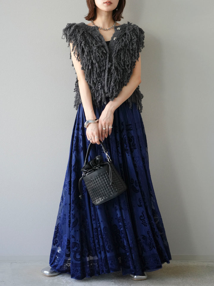 [SET]フリンジループニットベスト+アンティーク柄フロッキーマキシスカート(2set)