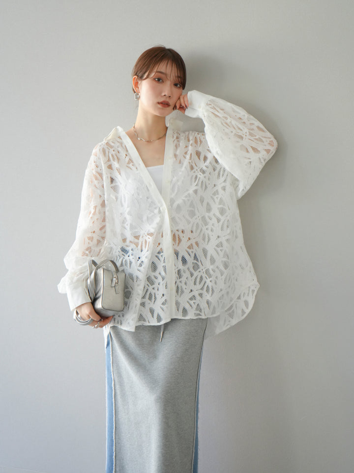 [SET]コードレースオーバーシャツ+デニムドッキングスウェットスカート(2set)