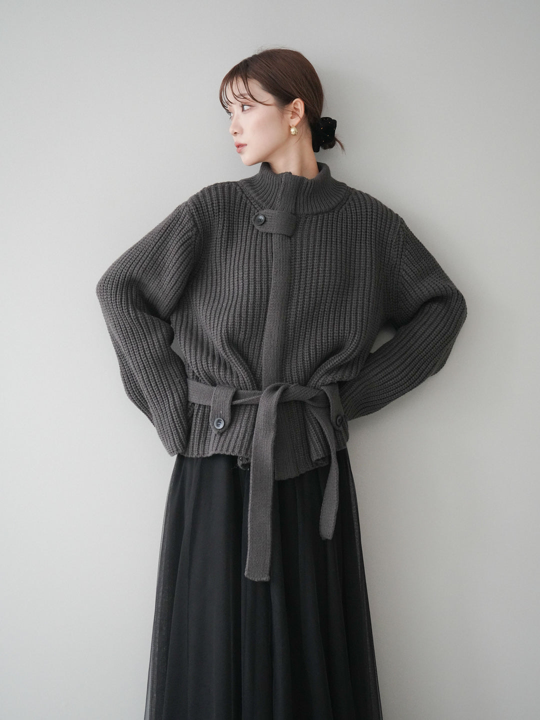 [SET]畦編みボトルネックZIPニットカーディガン+選べるアクセセット(2set)