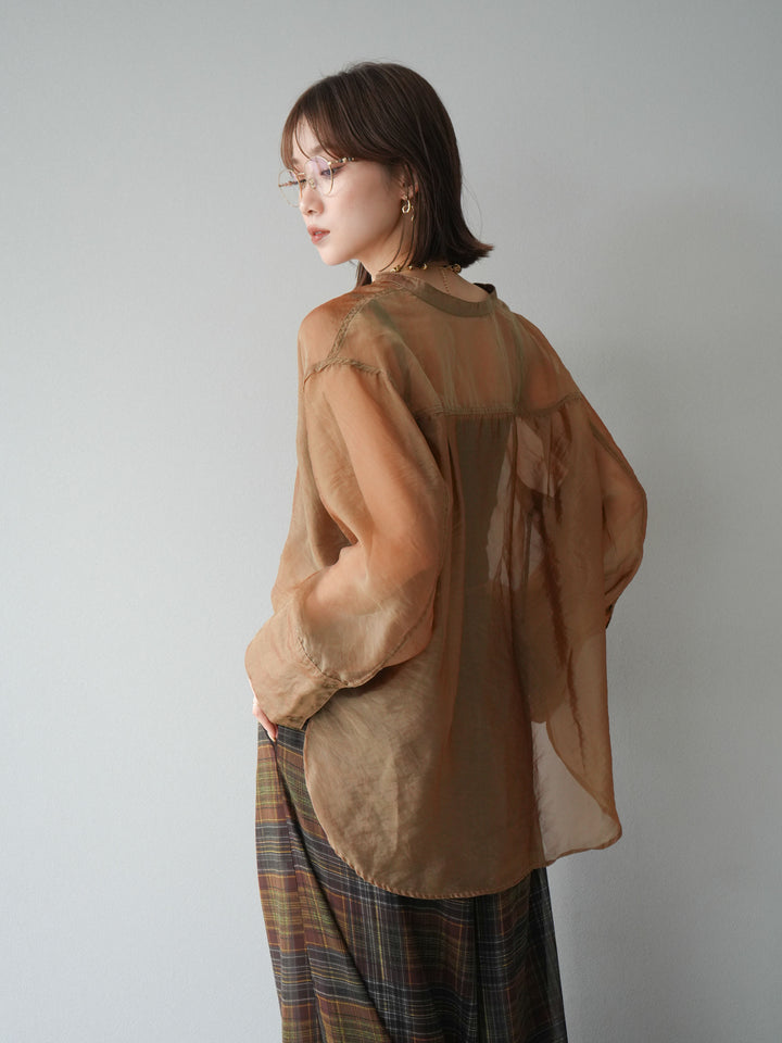 [SET] 亮面透視立領襯衫 + 透視格紋寬鬆褲 (2 件套)