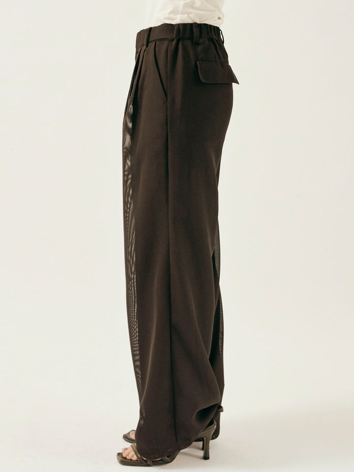 [予約]メッシュタックワイドパンツ/ブラウン