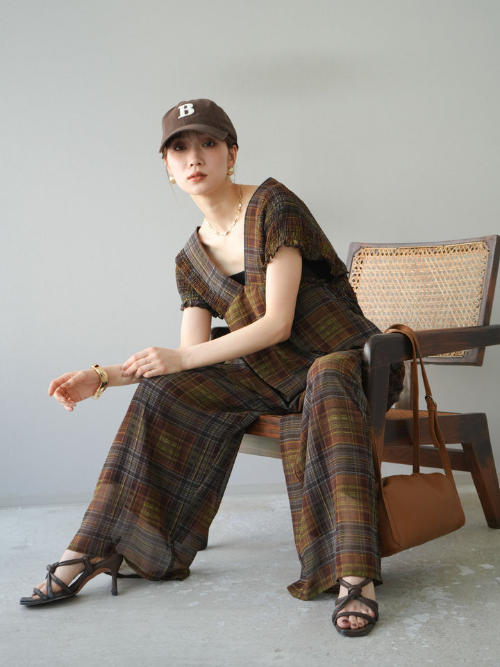 [予約]シアーチェックシャーリングサロペット/ブラウン