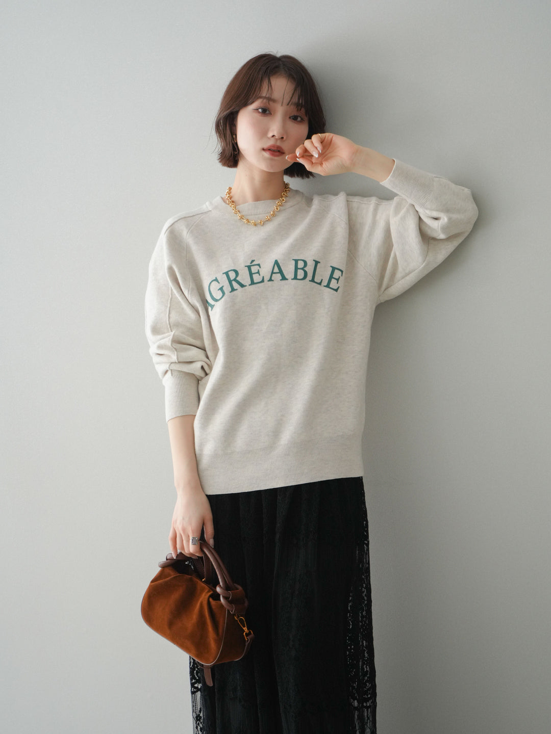 [予約]半ラバープリントロゴスウェットライクニットプルオーバー/oatmeal
