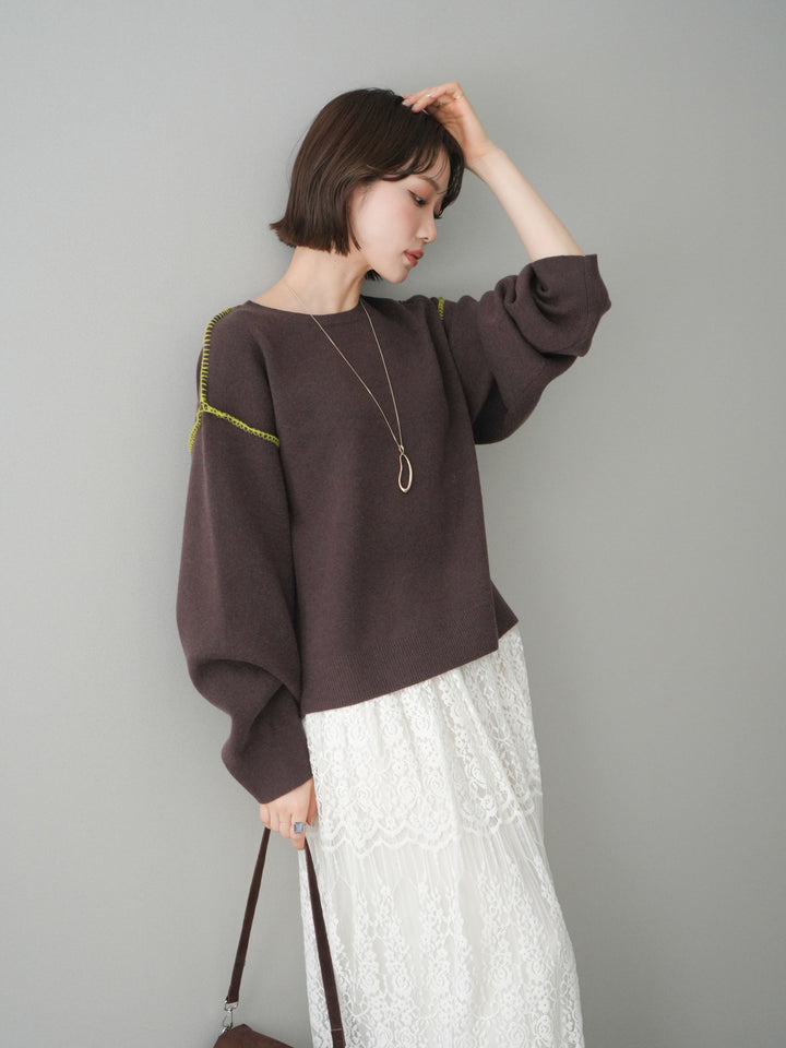 [予約]バックロゴ刺繍配色ステッチニットプルオーバー/brown