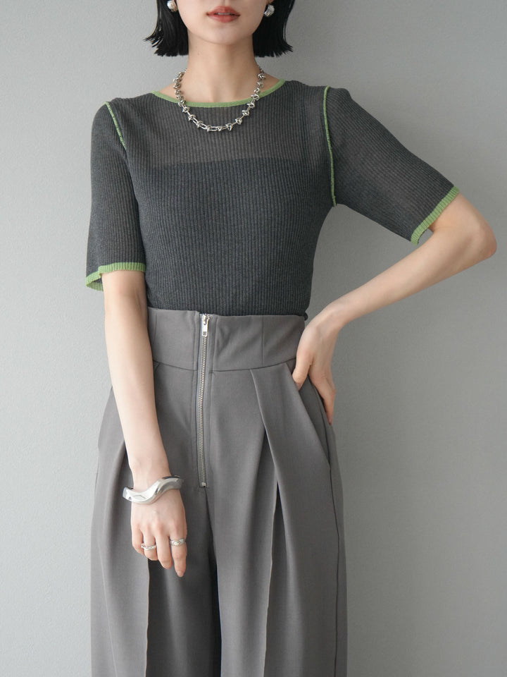 [予約]麻タッチ配色ニットハーフスリーブトップス/チャコール