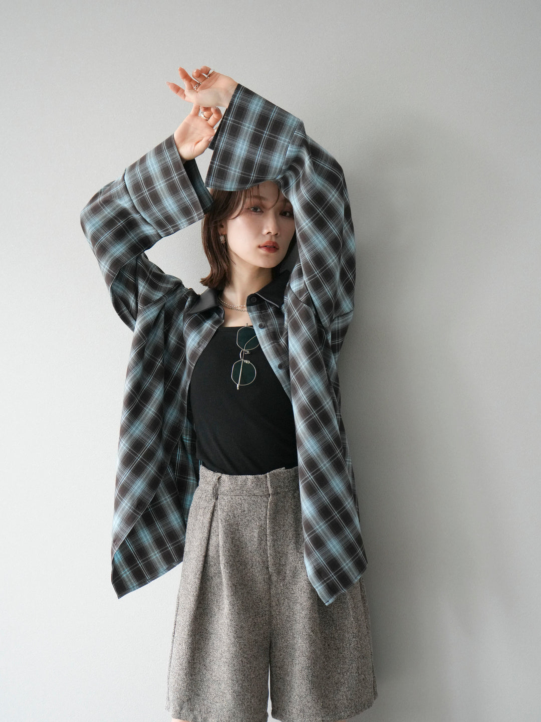 【着回しセット】[SET]レザー襟オンブレチェックオーバーシャツ +クラッシュベロアナロースカート+ツイードハーフパンツ(3set)