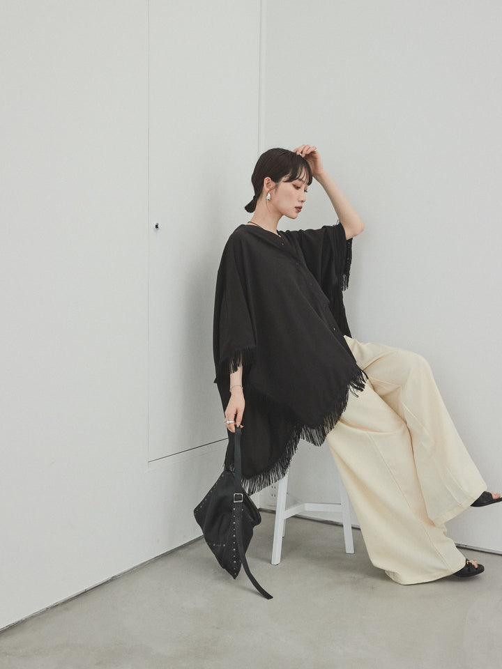 [SET] 方形流蘇斗篷襯衫 + 亞麻觸感褶皺寬褲 (2 件套)