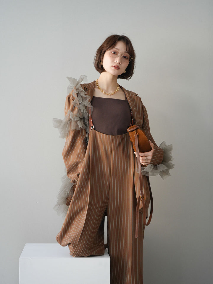 [予約]アシンメトリーチュールストライプジャケット/goldbrown