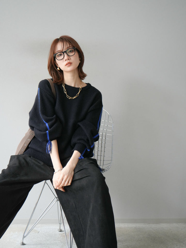 [SET]配色ステッチフリンジニットプルオーバー +スウェードタックワイドパンツ(2set)