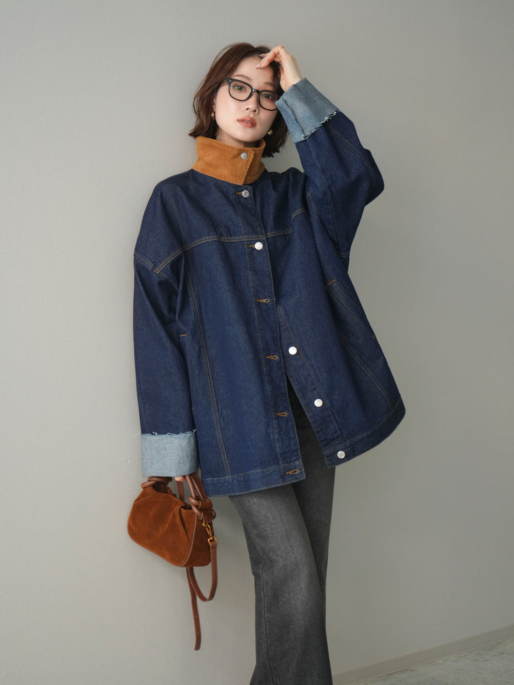 [SET]コーデュロイ×デニムミドルジャケット+フレアデニムパンツ(2set)