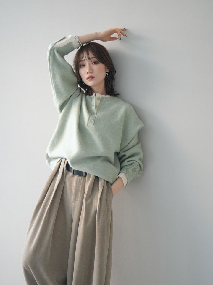 [SET]ヘンリーネック配色レイヤードニットプルオーバー+ヘンリーネック配色レイヤードニットプルオーバー(2set)