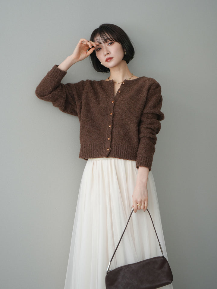 [SET]ゴールドボタンブークレニットカーディガン+チュールボリュームスカート(2set)