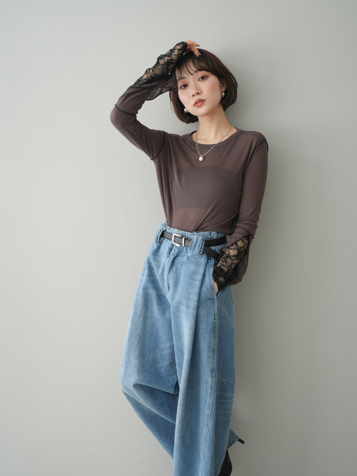 [予約]袖レースレイヤードデザインメロートップス/brown