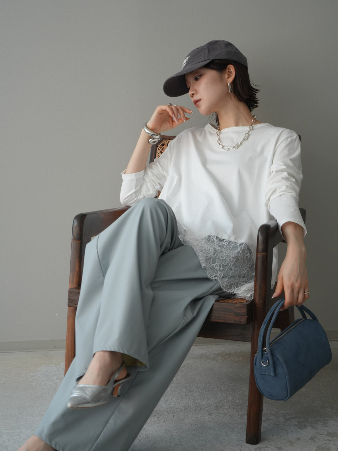 [SET]裾レースロングスリーブTシャツ+選べるアクセセット(2set)
