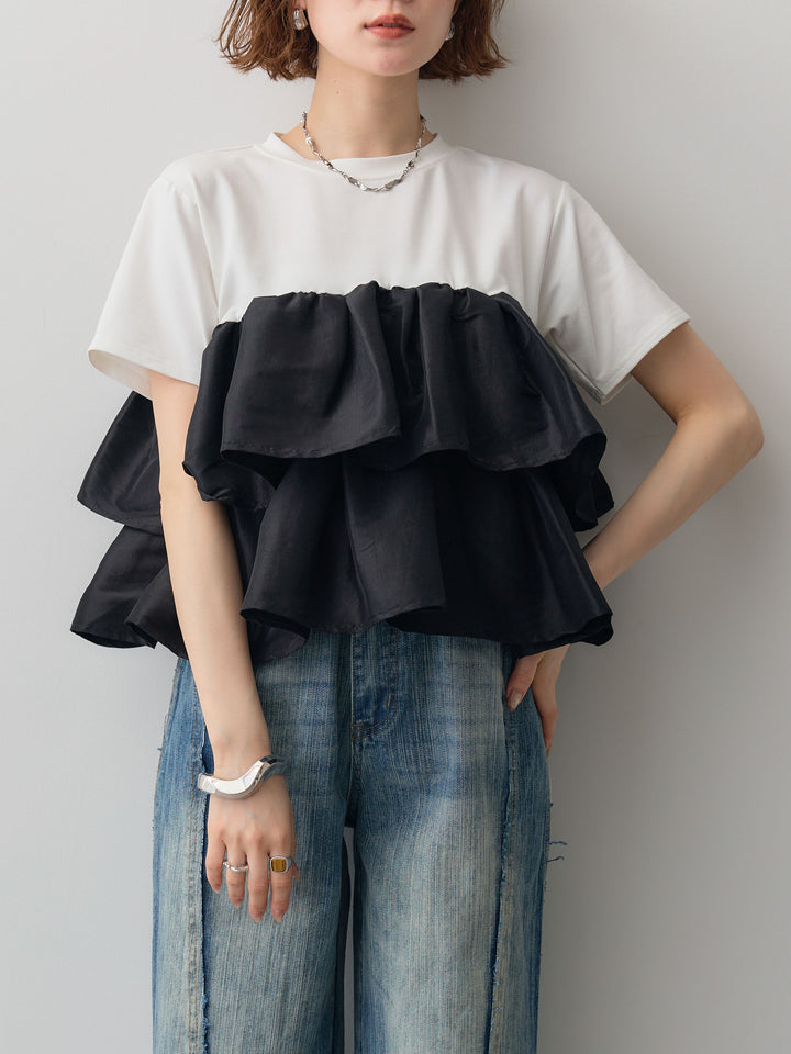 [SET]フリルティアードTEE+縦ウォッシュワイドデニムパンツ(2set)