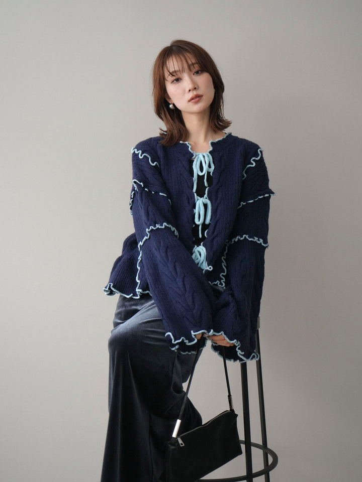 [予約]フロントリボン配色メローニットカーディガン/navy