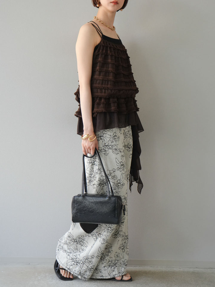 【預購】花朵提花牛仔寬褲/黑