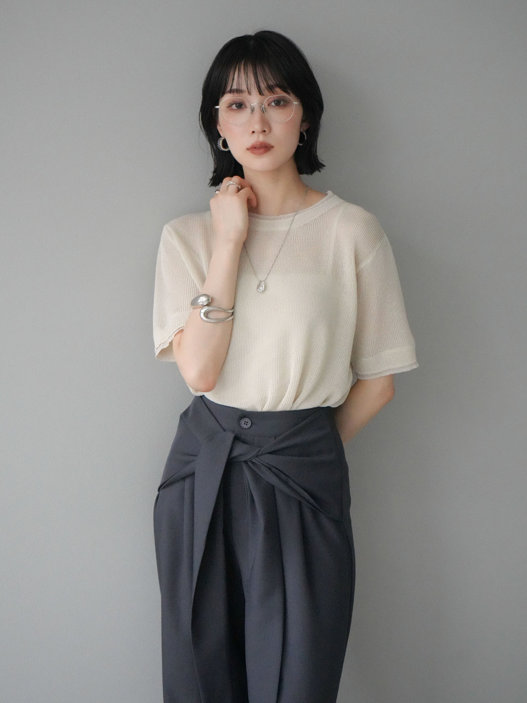 [SET]リネンタッチ配色二重臼ハーフニットトップス+ウエスト巻きデザインワイドパンツ(2set)