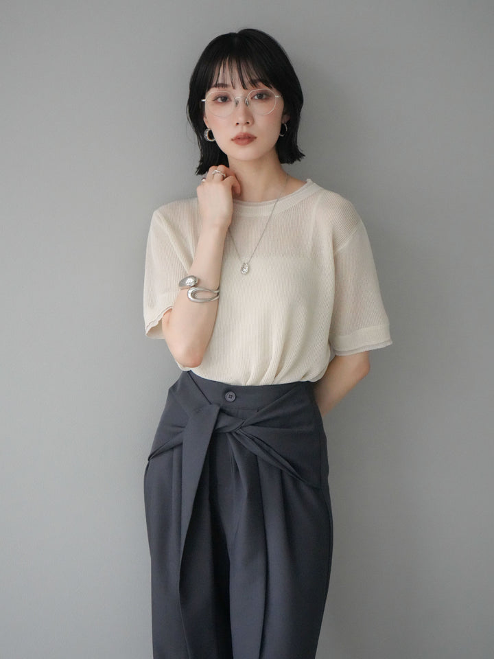 [SET]リネンタッチ配色二重臼ハーフニットトップス+ウエスト巻きデザインワイドパンツ(2set)