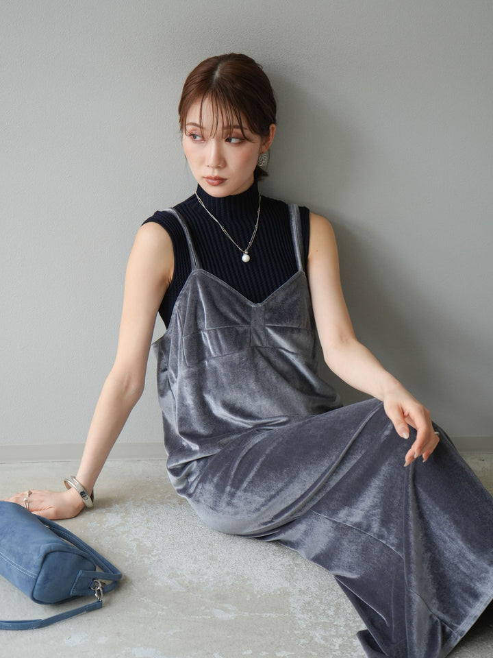 [予約]ボトルネックワッフル編みノースリーブニットトップス/ネイビー