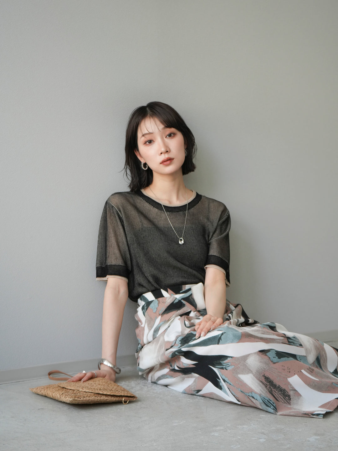 [SET]リネンタッチ配色二重臼ハーフニットトップス+選べるアソート柄スカートセット(2set)