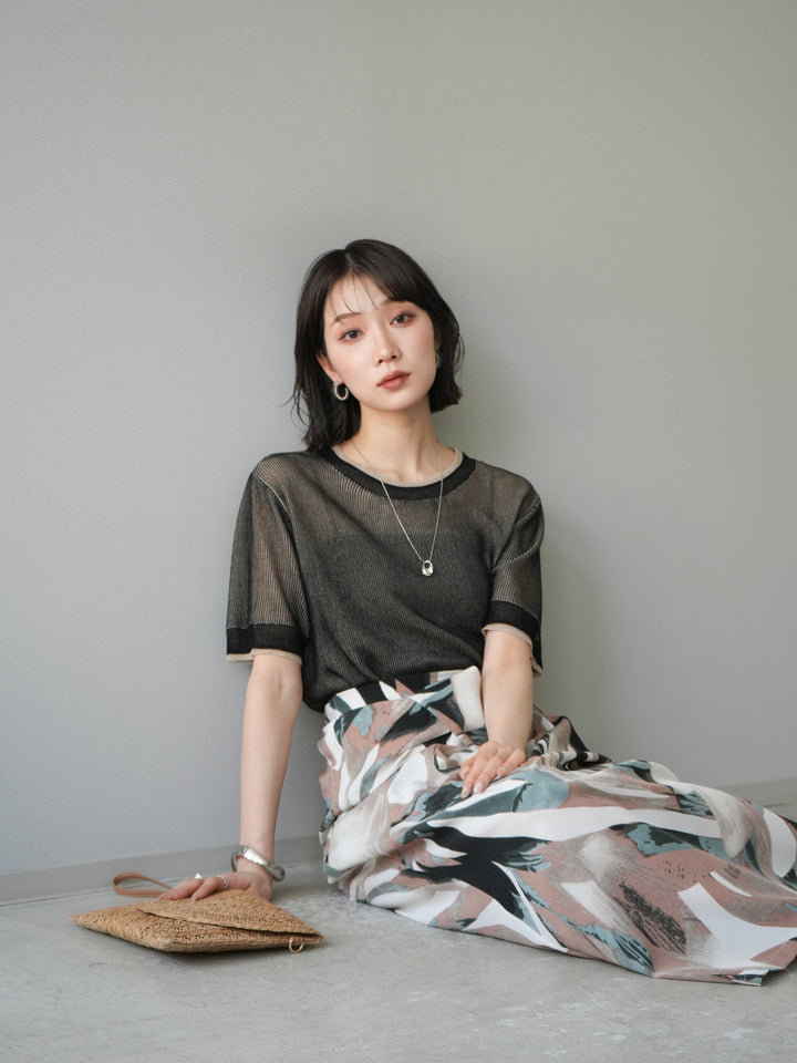 [SET]リネンタッチ配色二重臼ハーフニットトップス+選べるアソート柄スカートセット(2set)