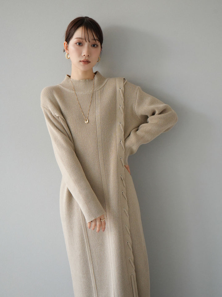 [SET] 不對稱繫帶高領針織連身裙 + 可選飾品套裝 (2套)