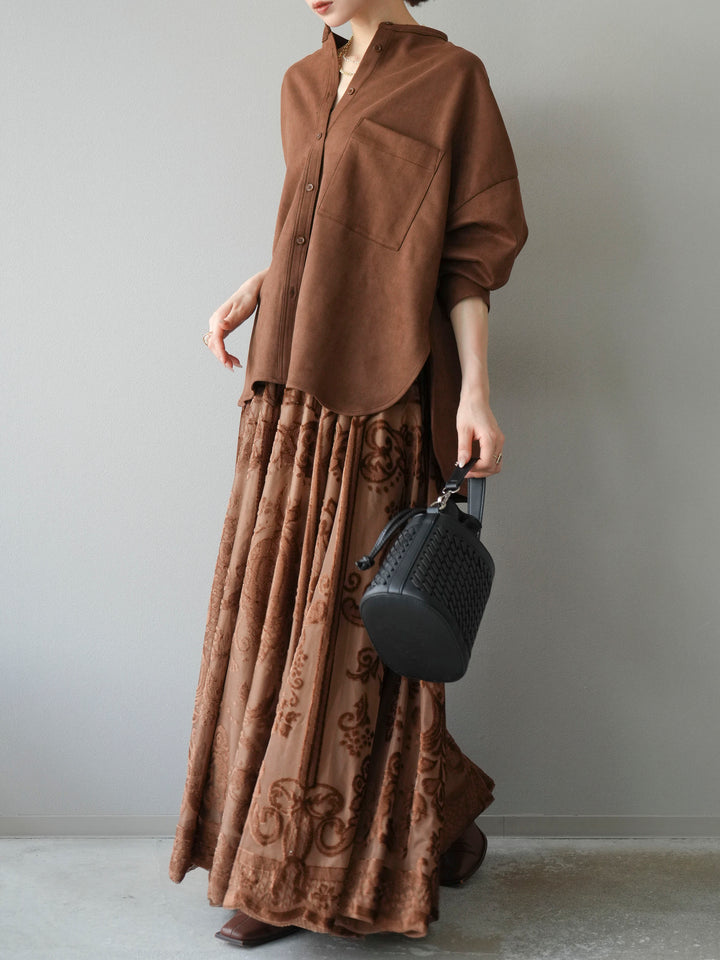 [SET]スエードバンドカラーオーバーシャツ+アンティーク柄フロッキーマキシスカート(2set)