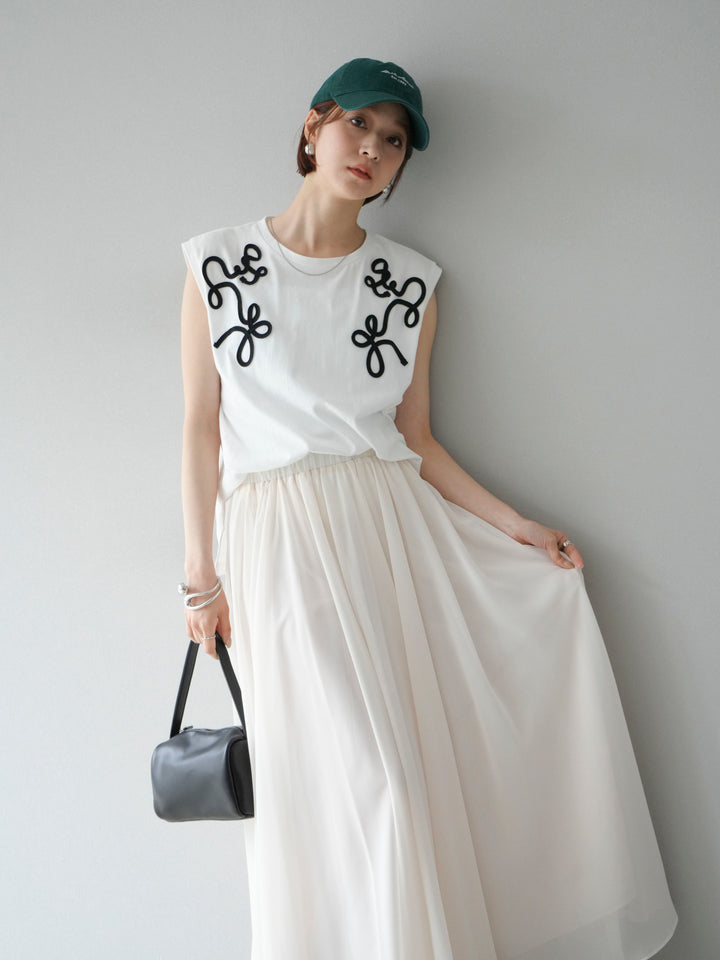 [SET] 繩繡法式袖T卹+雪紡喇叭裙（2件組）
