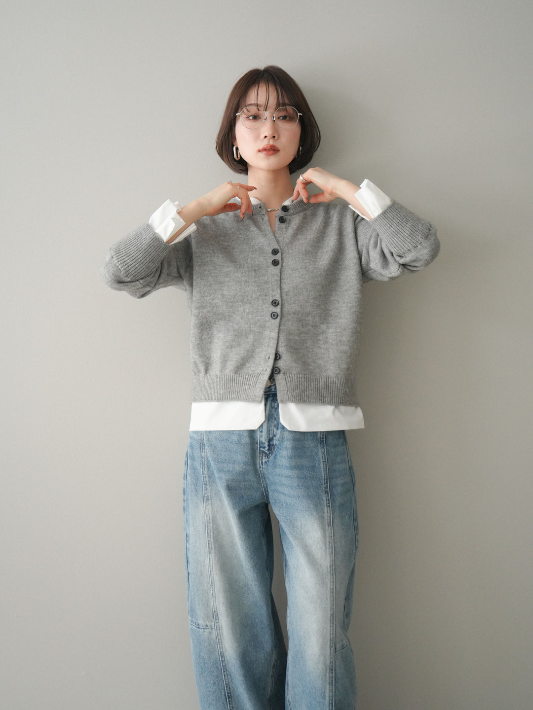 [SET]布帛ドッキングニットカーディガン+ガーメントウォッシュカーブデニムパンツ(2set)