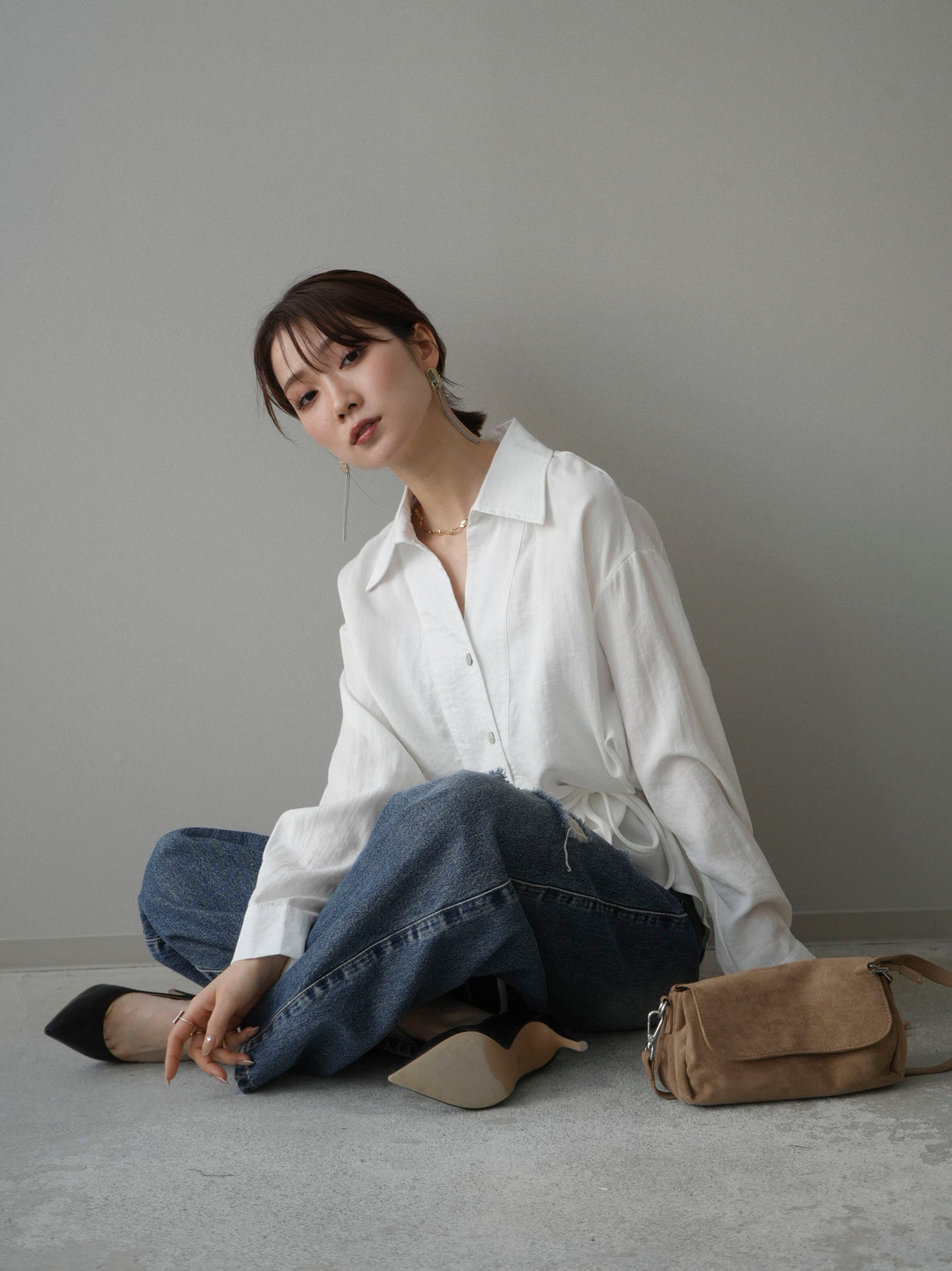 [SET]Vネック変形ラインシャツ+ダメージデニムセミワイドパンツ(2set)