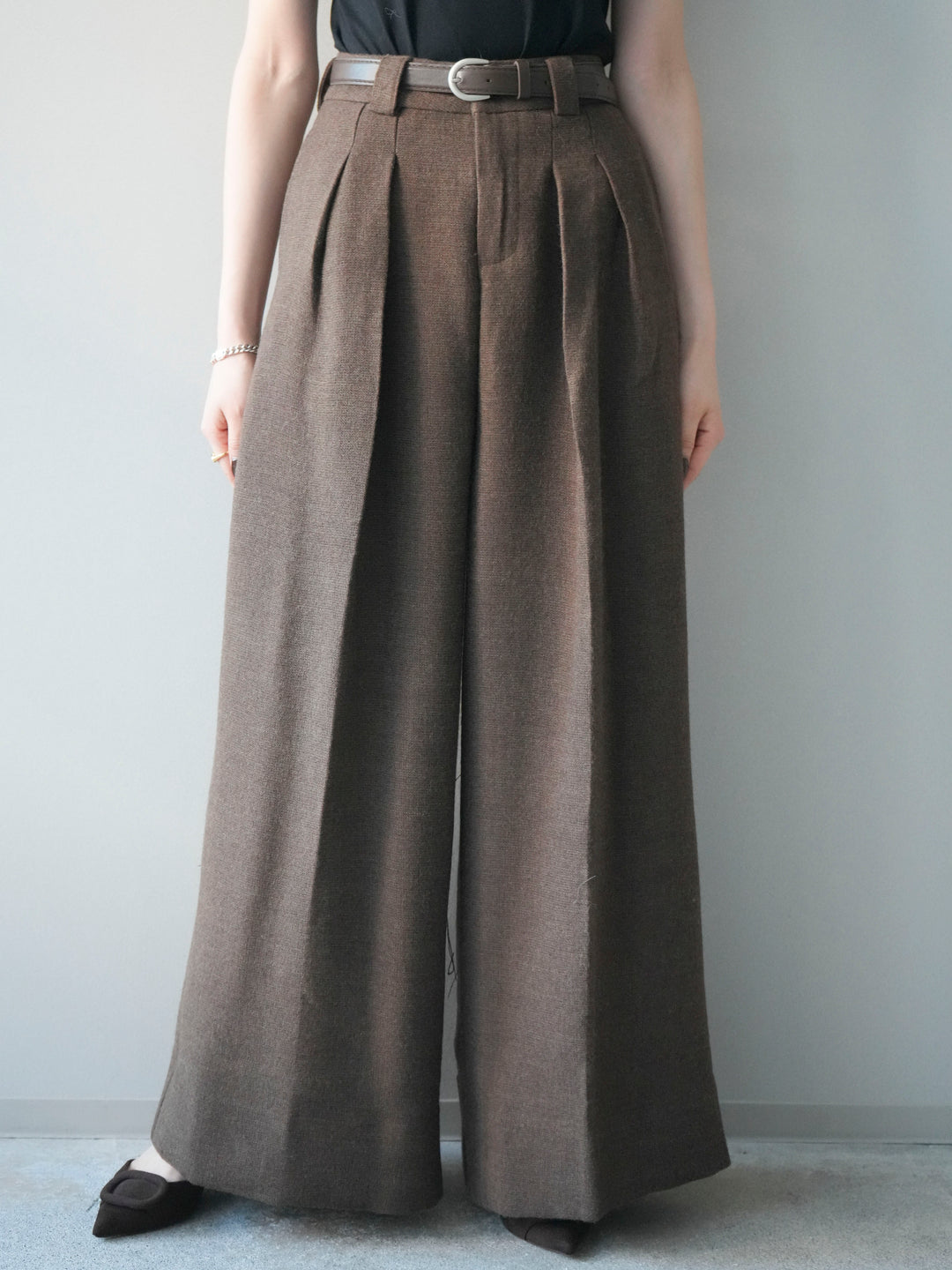 [予約]ウールタッチベルト付ワイドパンツ/brown