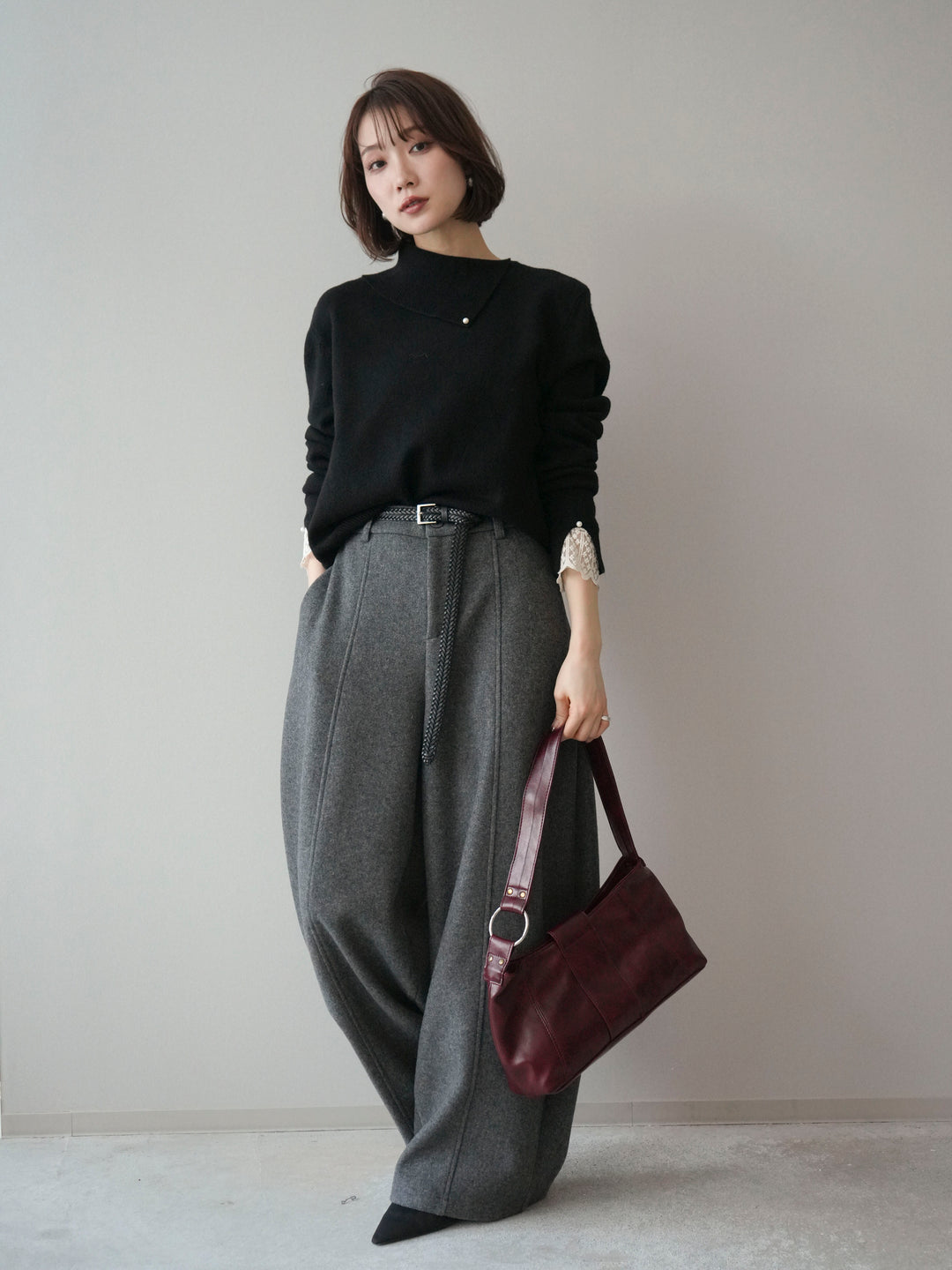 [SET]袖レースパール付き配色ニットトップス+ウールタッチカーブパンツ(2set)