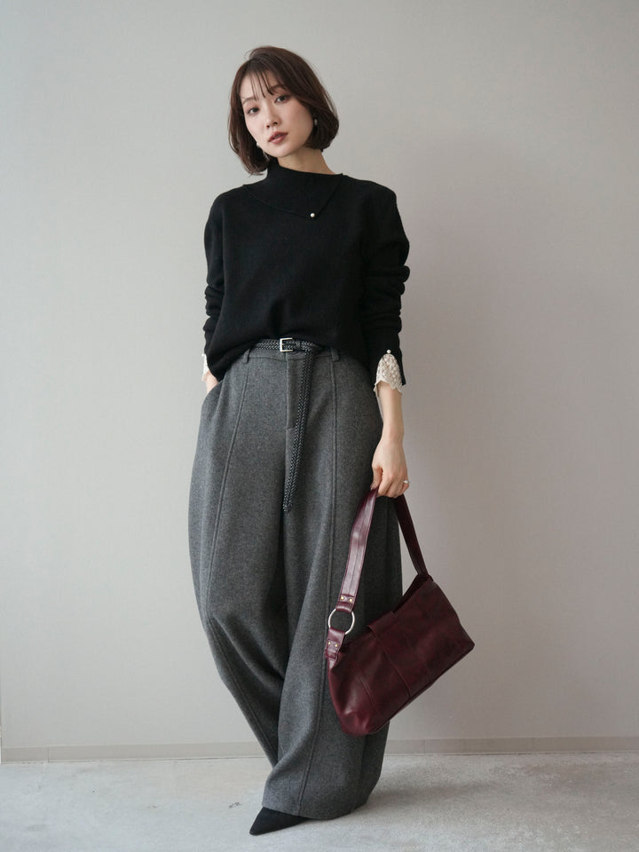 [SET]袖レースパール付き配色ニットトップス+ウールタッチカーブパンツ(2set)