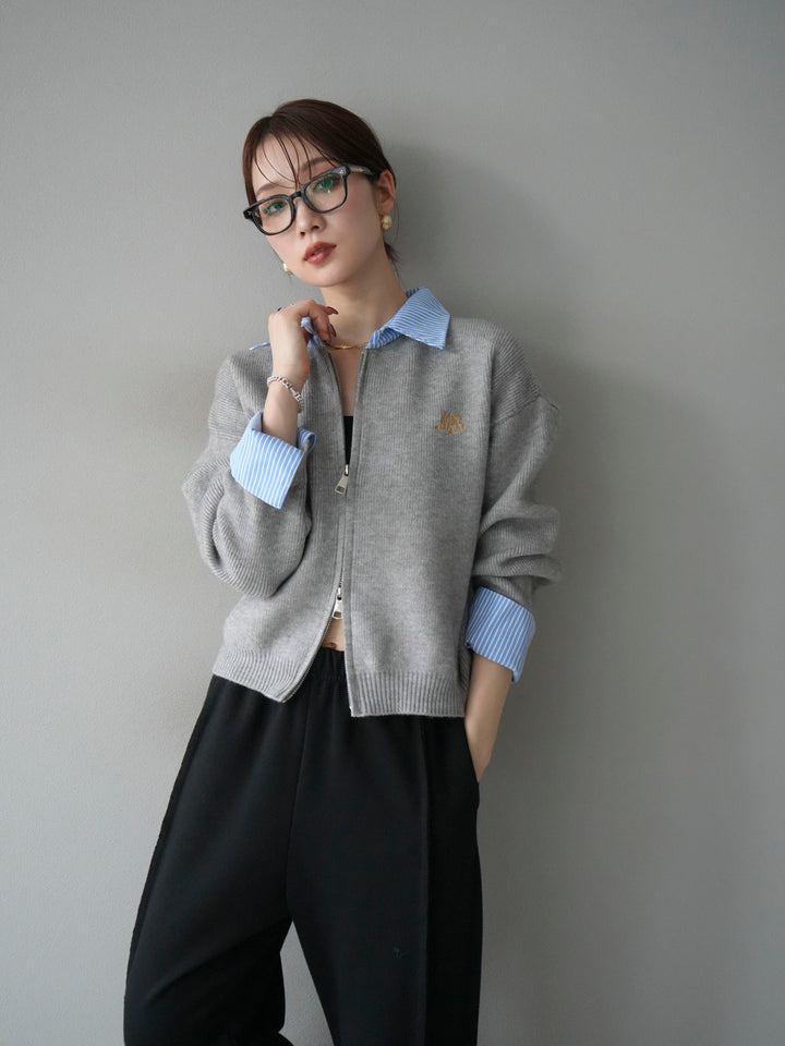 [SET]ストライプシャツレイヤードZIPニットカーディガン+2WAYデザインスウェットパンツ(2set)