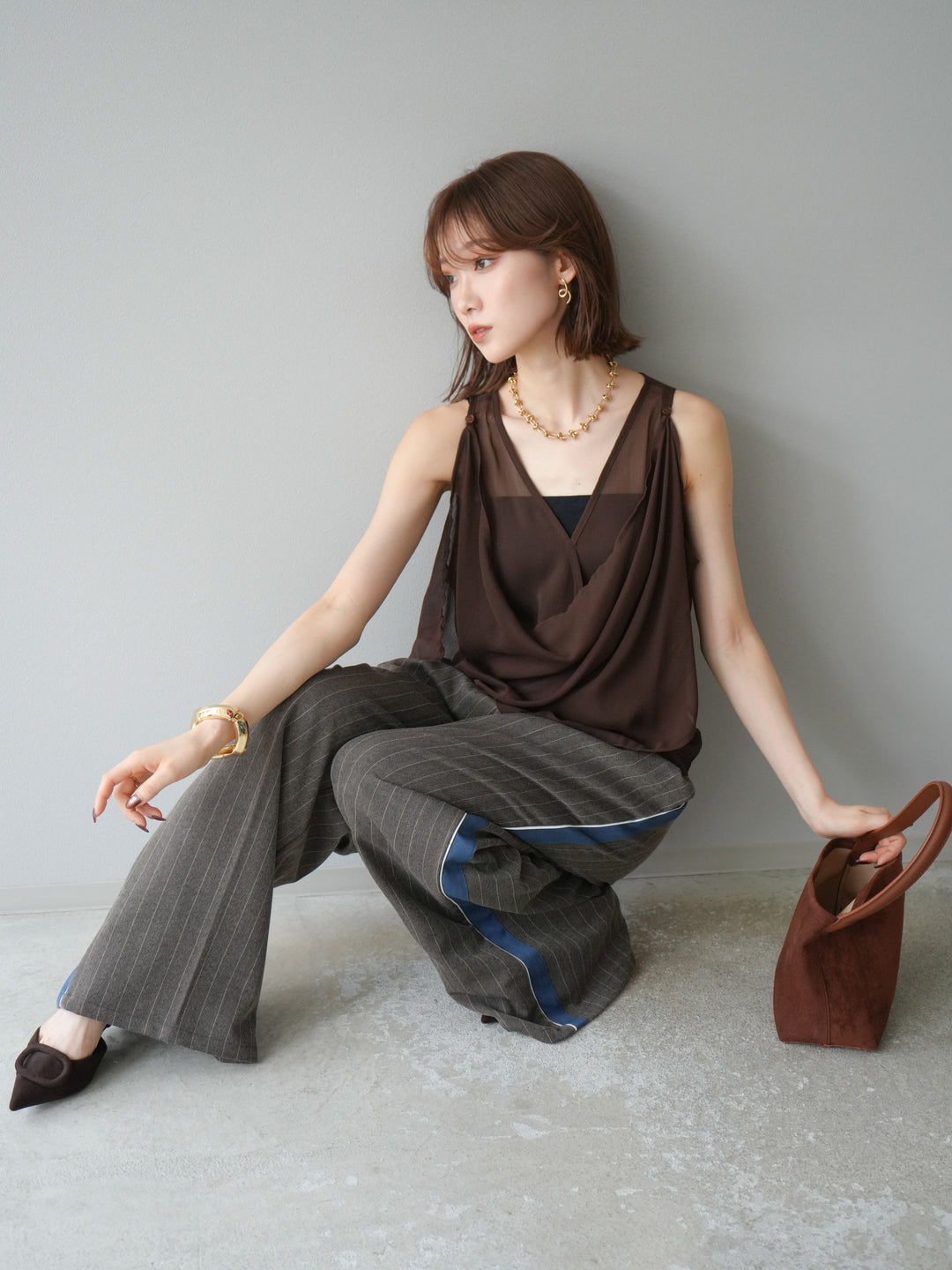 [予約]サイドラインストライプワイドパンツ/ブラウン