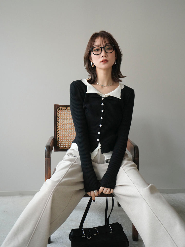 [予約]配色レイヤードリブニットカーディガン/black