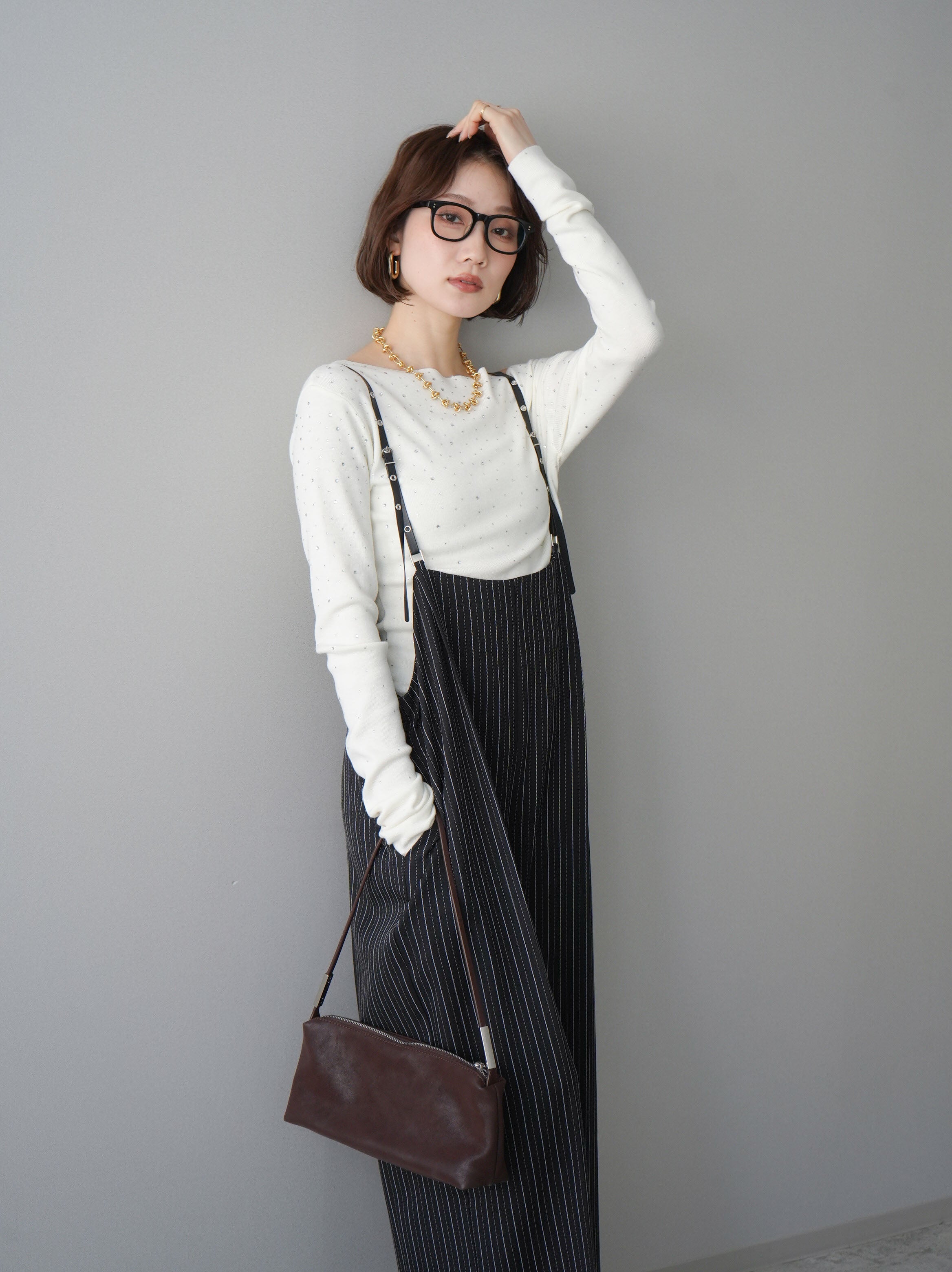 ヘリンボーンストライプジレ+ヘリンボーンサス付サロペットSET❣️黒 Lumier 予約]ヘリンボーンストライプサス付サロペット/black – Lumier