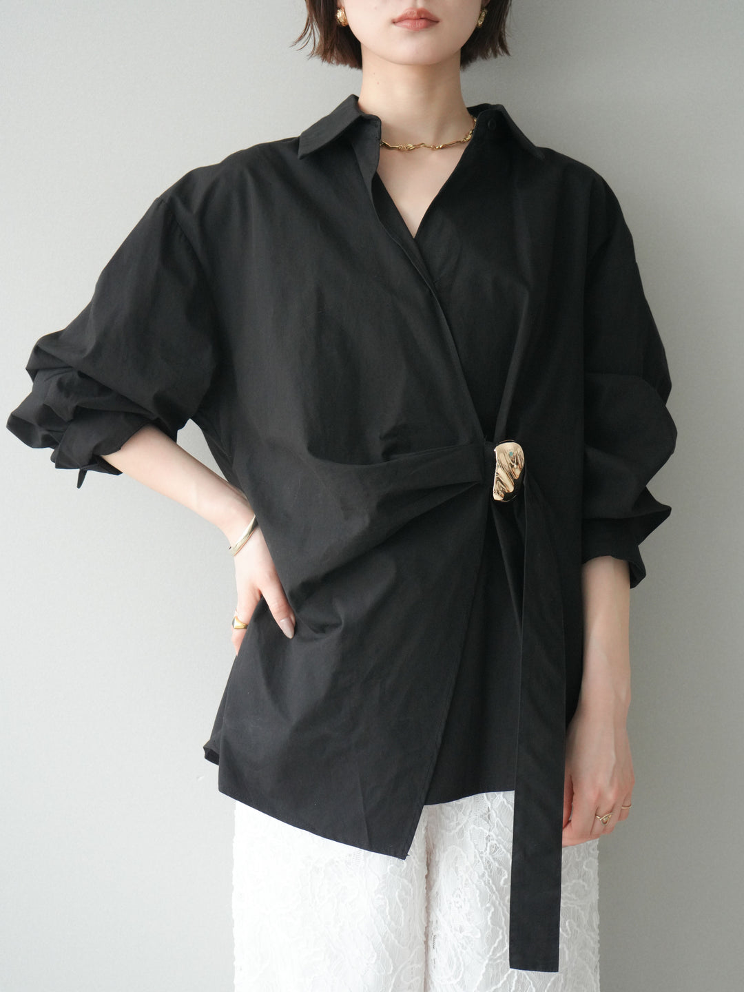 [SET]メタルパーツドレープシャツ+シアーコードレースイージーパンツ(2set)