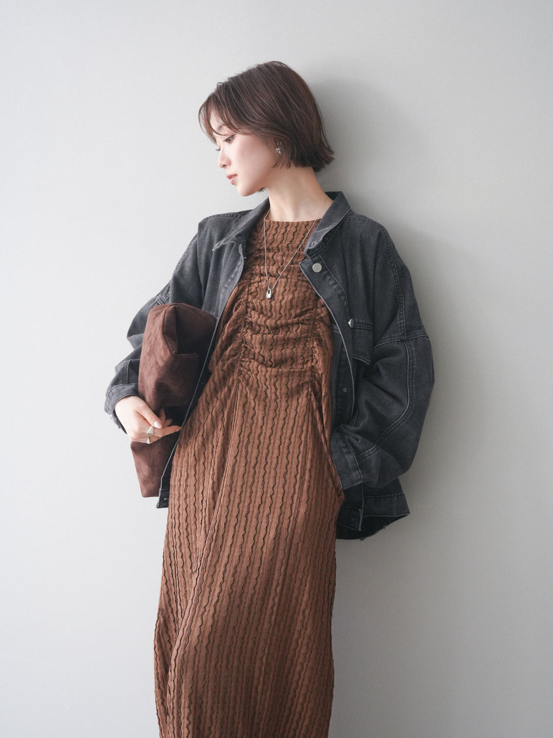 [予約]シャーリングジャガードノースリーブワンピース/brown