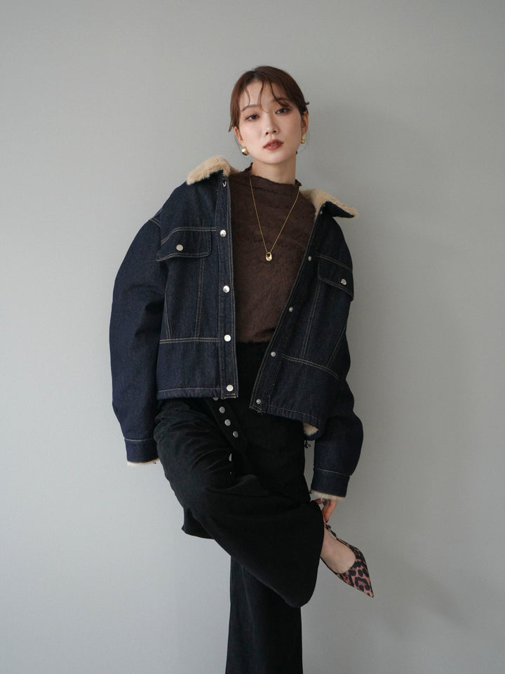 [予約]デニム×ファーステンカラーショートジャケット/indigo